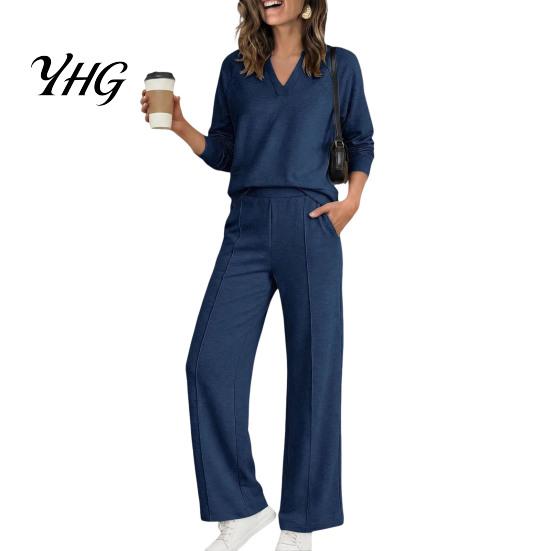 Wide Leg Trousers Women Sweatshirt Pants 2-Piece Set, V-Neck Long Sleeve Top & Fabric Fitness Clothing with Elastic Waist, Solid Color Matching Lounge