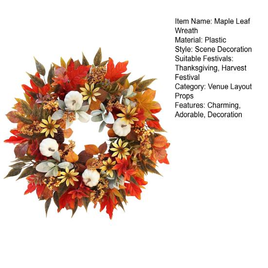 Искусственный осенний венок для входной двери 18" Венок из кленовых листьев с тыквой, цветком и ягодами для урожая, Дня благодарения, фермерского дома