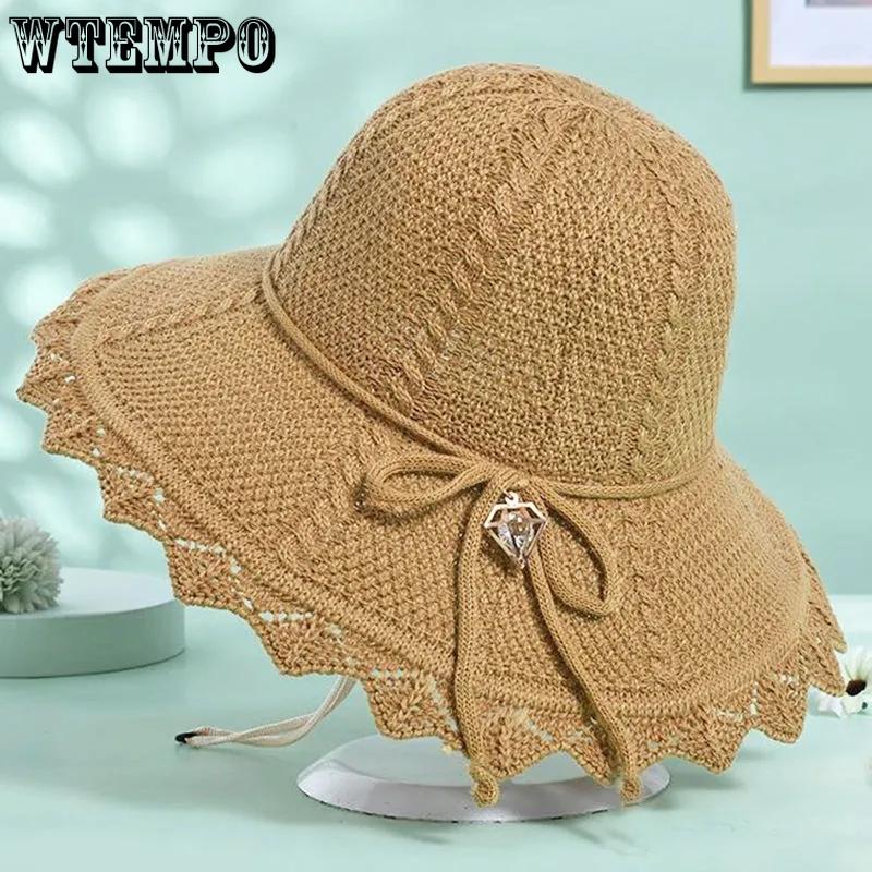 Collapsible Summer Hat for Women Beach Outdoor Straw Hat Large Brim Sunshade Bow Sun Hat