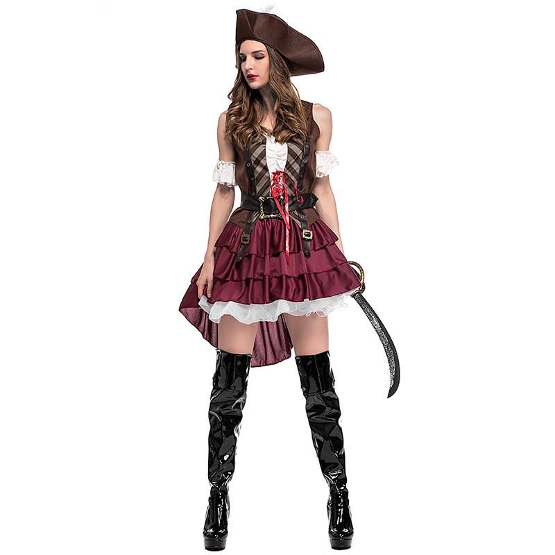 Vintage Female Pirate Captain Costume Halloween Party Cosplay Stage Performance Dress Set