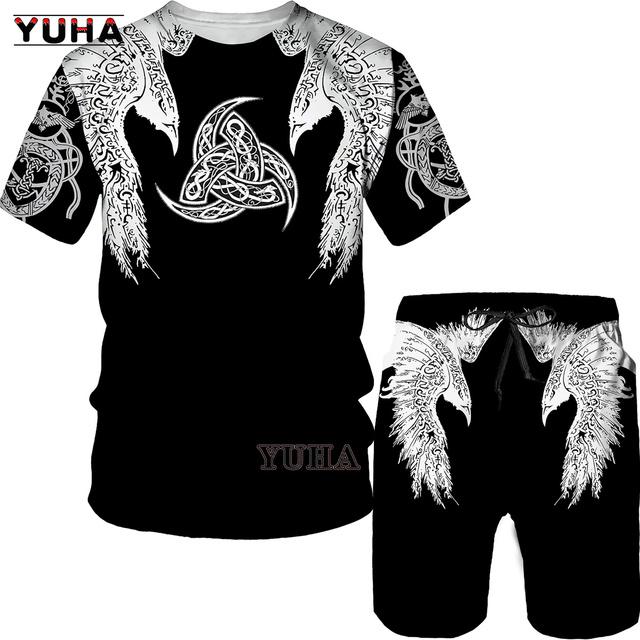 Летний мужской костюм большого размера, мужская футболка с 3D принтом викингов и мужской спортивный костюм, футболка, шорты, повседневная спортивная одежда, весна