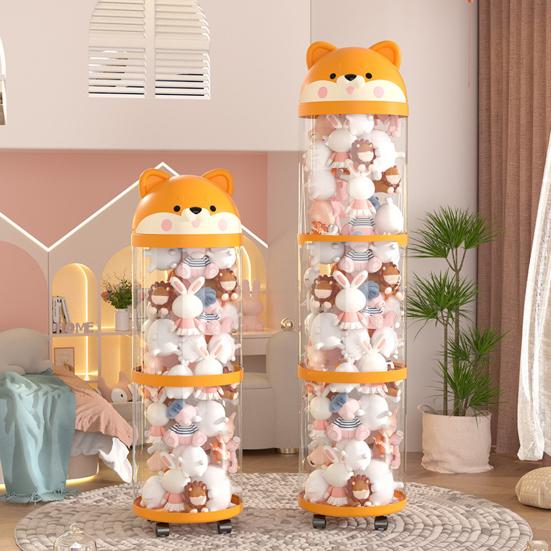 Stuffed Animal Storage Tube Stuffed Doll Organizer with Wheels Transparent Plush Toy Bucket with Lid for Nursery Bedroom Playroom