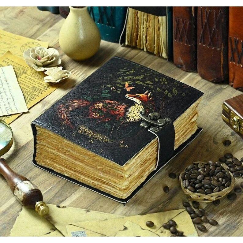 Большой винтажный гримуар с лисой, толстый журнал, пустая книга заклинаний, кожаный журнал ручной работы