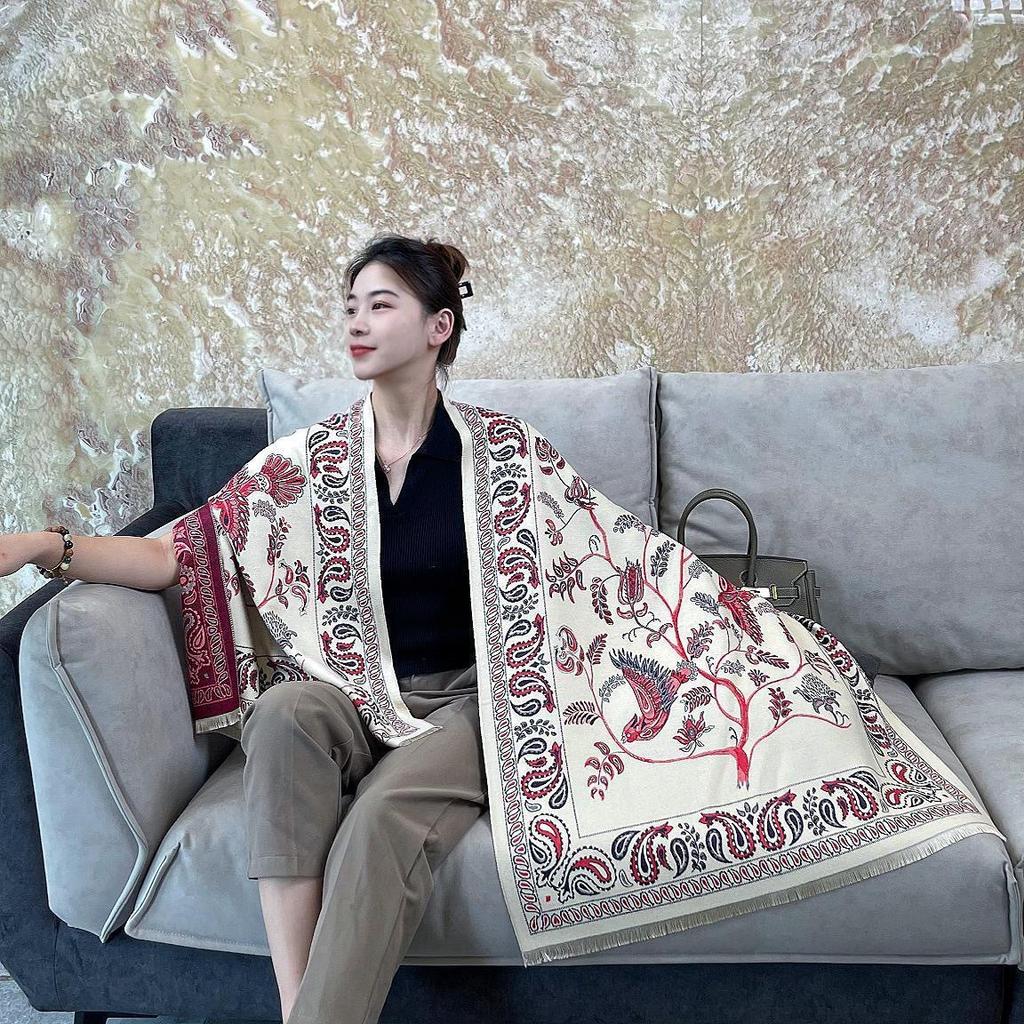 Shawl Bluebird Pattern Ethnic Style Cashew Flower Air Conditioned Room Nap Blanket Winter Warm Scarf for Women