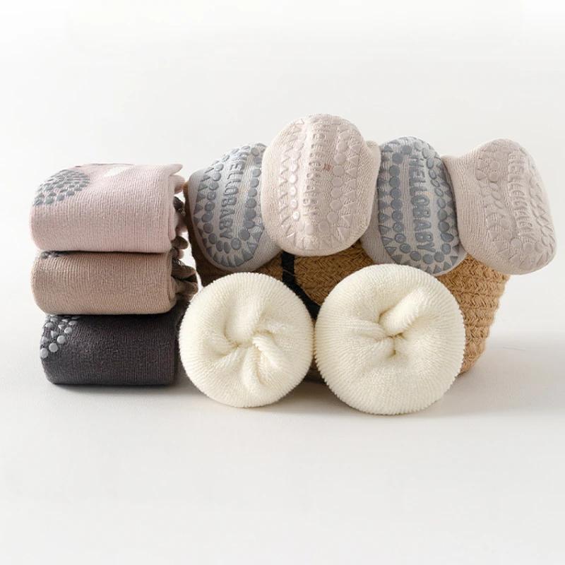 Мультяшные носки до середины икры с изображением животных, противоскользящие носки для малышей, зимние утолщенные теплые гольфы выше икры