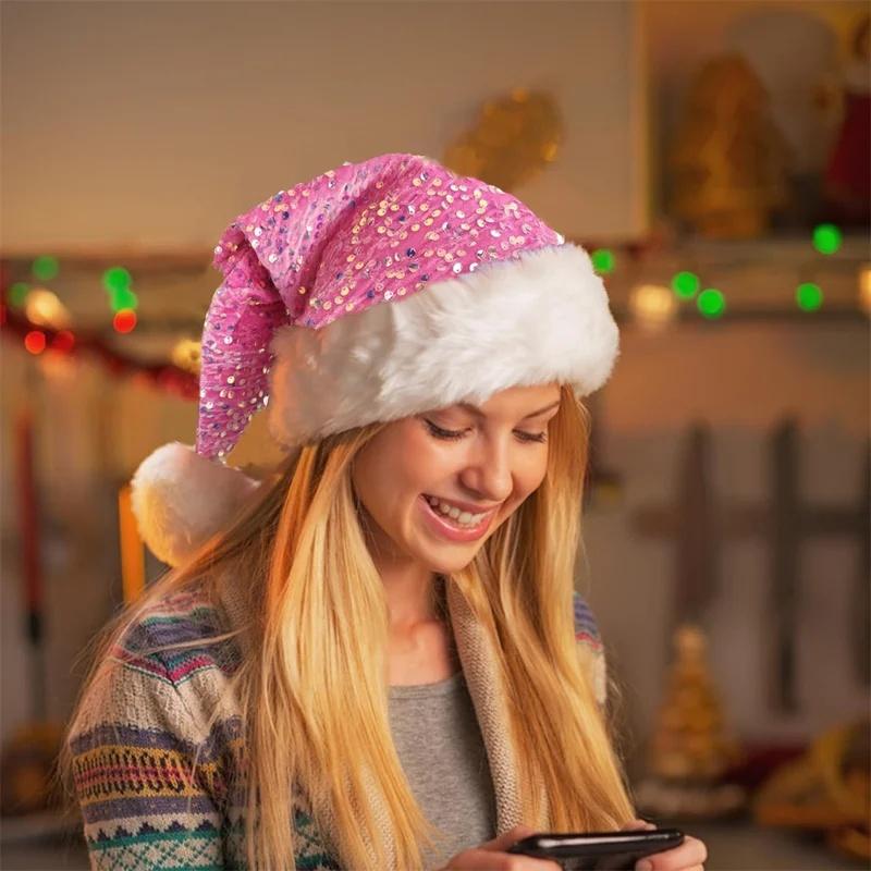 Double-Layer Sequin Christmas Hat Plush Santa Claus Hat With Long Fluffy Pompom Adults And Kids Christmas Party Decoration