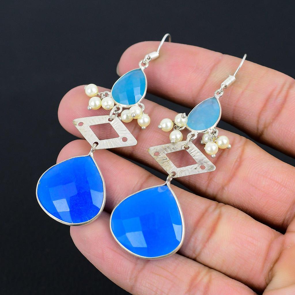 Предложение ко Дню дружбы Натуральный голубой халцедон Стерлинговое серебро Подвесные серьги Бохо