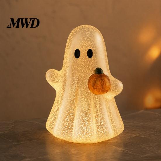 Cute Halloween Desk Accessory Cracked Ghost Figurine Light, Table Centerpiece, LED Light-up Party Centerpiece Holding Pumpkin Ornament for Home Mantel
