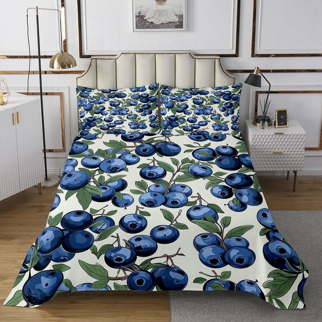 Cartoon Blueberry Bedspread Summer Tropical Fruit Quilted Coverlet Watercolor Botanical Leaves Flower Bedding Set for Teen Adult