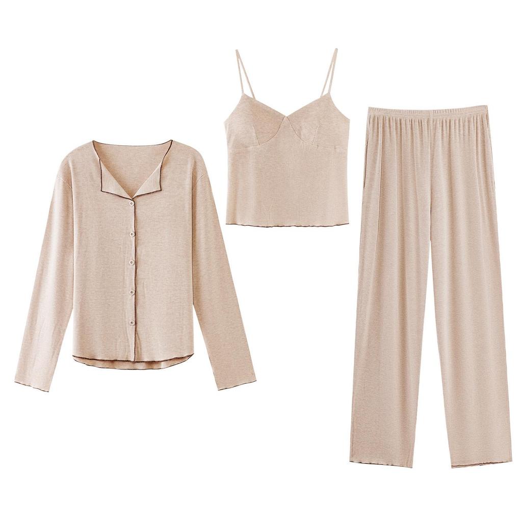Женский модальный пижамный комплект с длинным рукавом, с вкладышами для бюстгальтера, майкой и брюками, осенне-зимний комплект из 3 предметов, подходит для улицы.