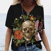 New Women's V-neck T-shirt with Flower Skull 3D Printed Casual Loose T-shirt