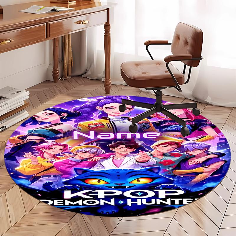Custom Name KPop Demon Hunters Printed Round Rug Carpet Chair Rug Area Rug Entryway Doormats,for Office Chair Living Room Bedroom Kitchen Room.