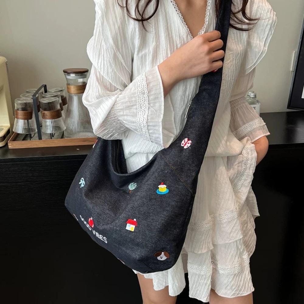 Sweet Cute Embroidered Tote Bag Commuting Messenger Bag Portable Women's Denim Shoulder Bag Travel