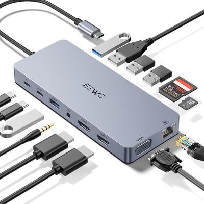 JESWO Док-станция USB C 14 в 1 USB C Хаб на двойной HDMI PD Быстрый USB A C Ethernet Слот для карт Совместим с Windows USB-C 4K@30Гц Расширение/1080p