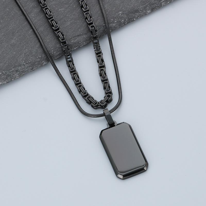 Creative Double Link Square Pendant Necklace Men's Women Hip Hop Shiny Stainless Steel Byzantine Chain Accessories Trend Gift