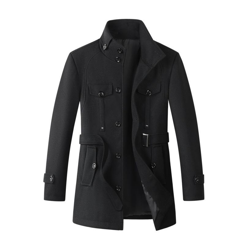 Autumn Winter Men Mid Length Coat Stand Collar Button Up Wool Jacket Casual Business Male Outerwear Windbreak
