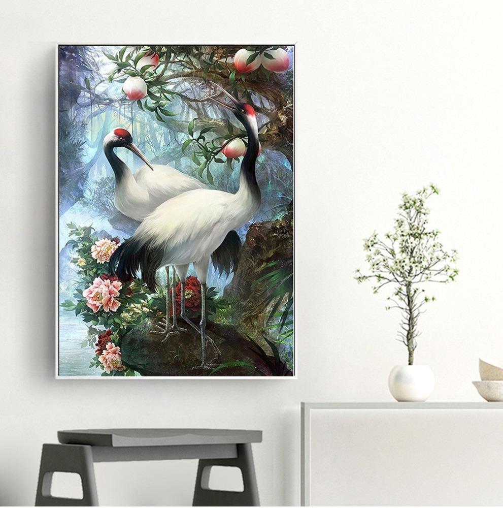 Huacan 3D Diamond Embroidery Red-crowned Crane Painting Cross-stitch Round Rhinestone Painting Wall Sticker