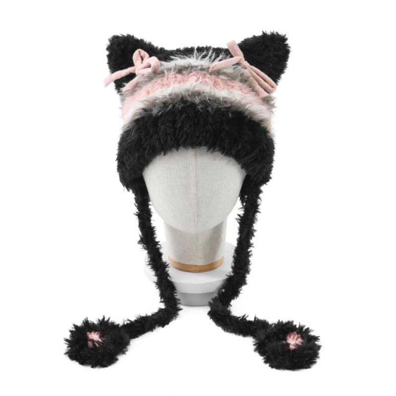 Furry Cartoon Head Cover with Ear for Outdoor Sports Striped Hat with Ear Oversized Headgear Hat for Winter