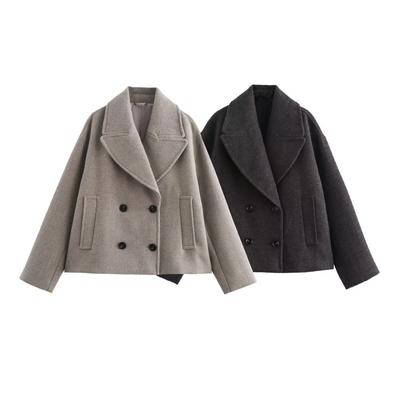 Womens Wool Blend Double-Breasted Notched Collar Coat Mid-Length Street Style Outerwear