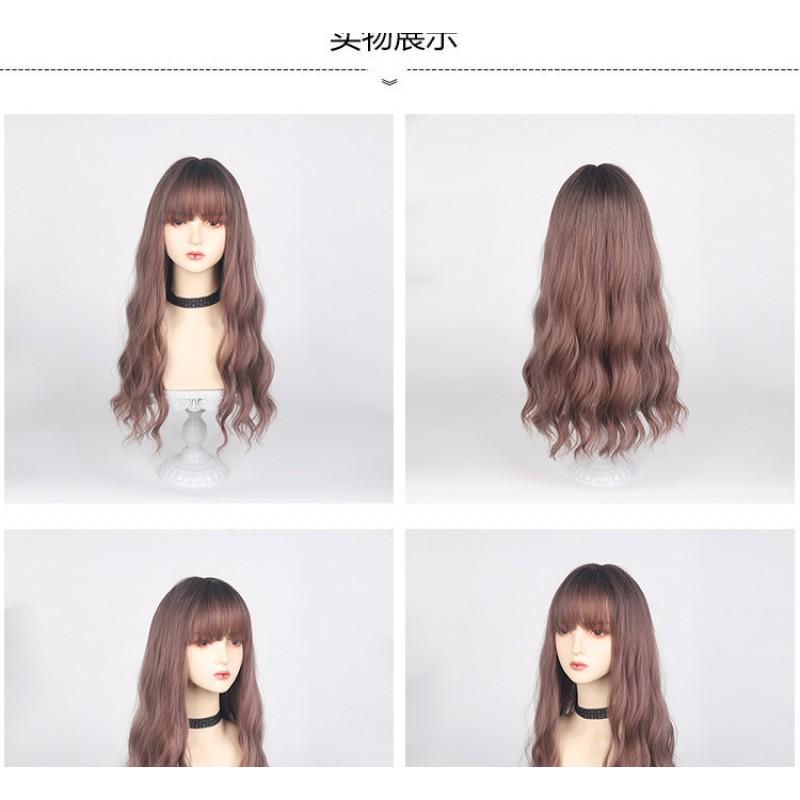 Long Wavy Synthetic Wig With Air Bangs Gradient Light Lilac Pink Heat-Resistant Fiber