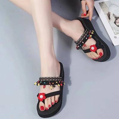 Модные богемные шлепанцы с кисточками для женщин, сандалии на танкетке с цветочным декором для леди, уличные легкие износостойкие шлепанцы Mujer