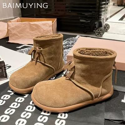 Женские зимние ботильоны Bow Ankle Bootas Suede Short Plush Designer Flats Cotton Shoes 2025 Trend Walking Warm Casual Wonter Botas De Mujer