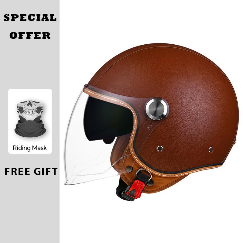 Classic White Green Stripes Open Face Motorcycle Helmets Leather Jet Moto Helmet with Daul Lens Electric Scooter Racing Helmet