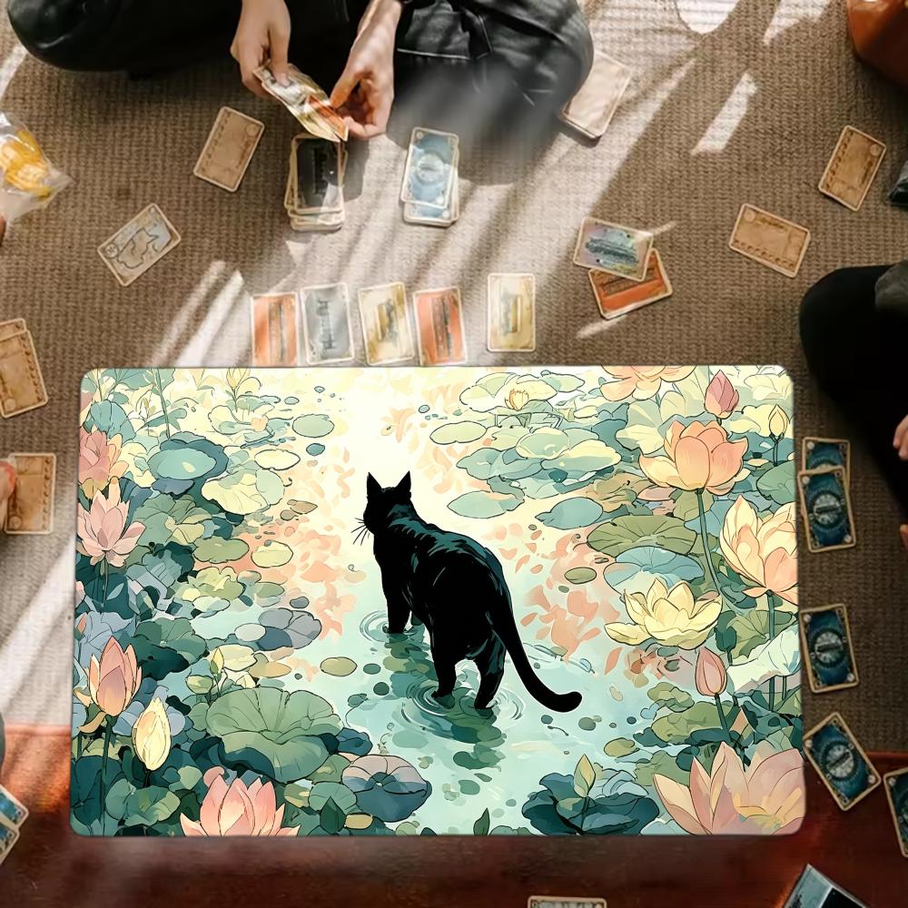 Black Cat Lotus Pond Art Gaming Mouse Pad Playmat 24"X14" MTG TCG Office Desk Mat for Work Game PC Laptop Rug Carpet MousePad