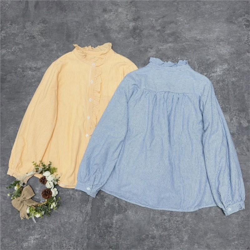 Johnature Зимняя японская рубашка в полоску с воротником-грибком и бархатом, женская свободная зимняя хлопковая кофточка с длинным рукавом, утолщенные топы