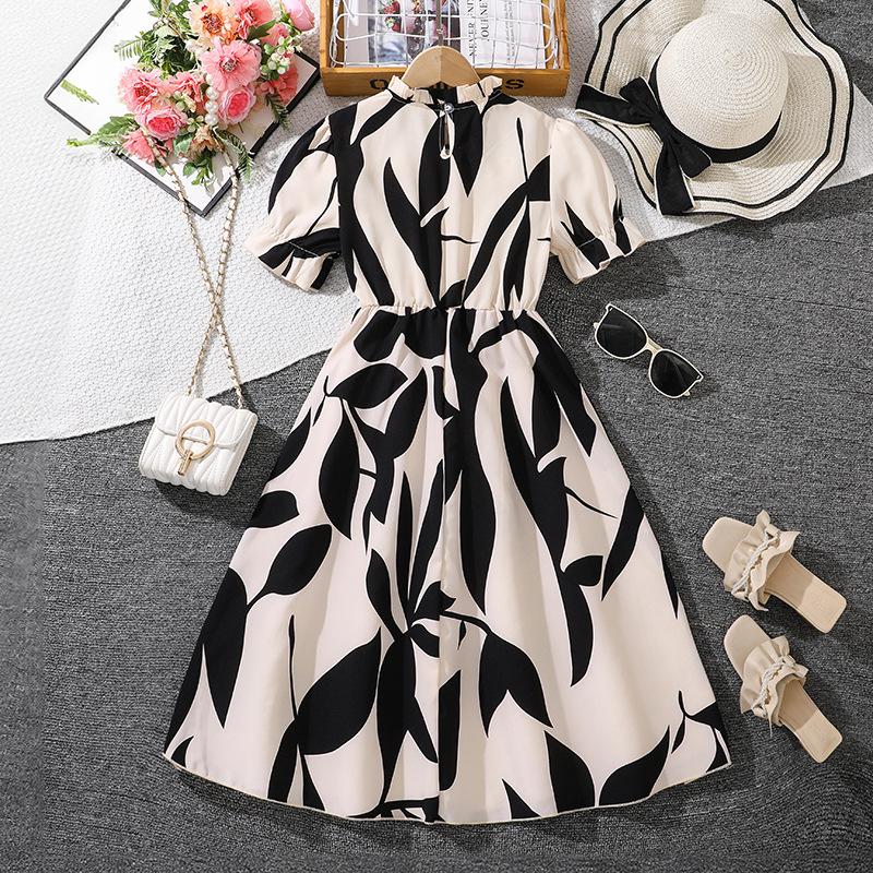 Платья для девочек 7-12 лет, летнее новое длинное платье, темпераментная талия, модная юбка-фонарик с широкими рукавами и широкими качелями