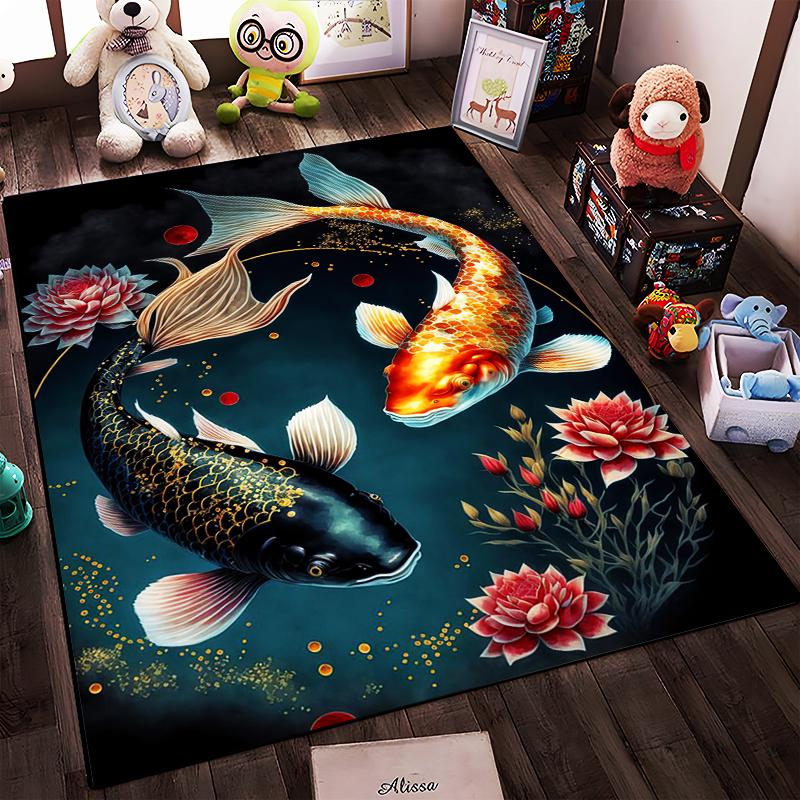 Koi Fish and Lotus Floral Pattern Carpet for Living Room Decor Suitable for use as an anti-slip for living room bedroom sofas