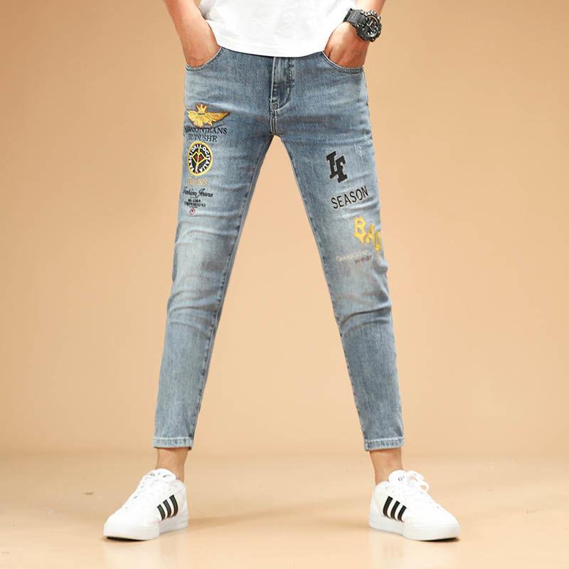 Тонкая секция высококачественных джинсов с вышивкой, мужские весенне-летние тонкие повседневные эластичные длинные брюки для мужчин