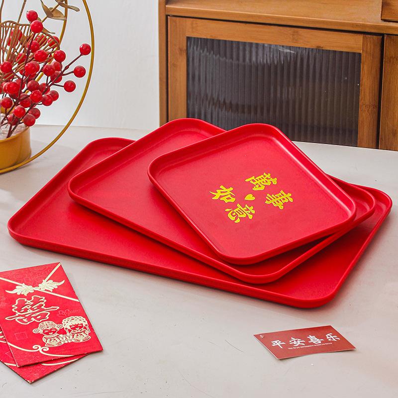 Fruit Plate Wedding Red Toast Tea Tray Red Plate Rectangular Tray Plastic Housewarming New Home Festive Wedding Plate