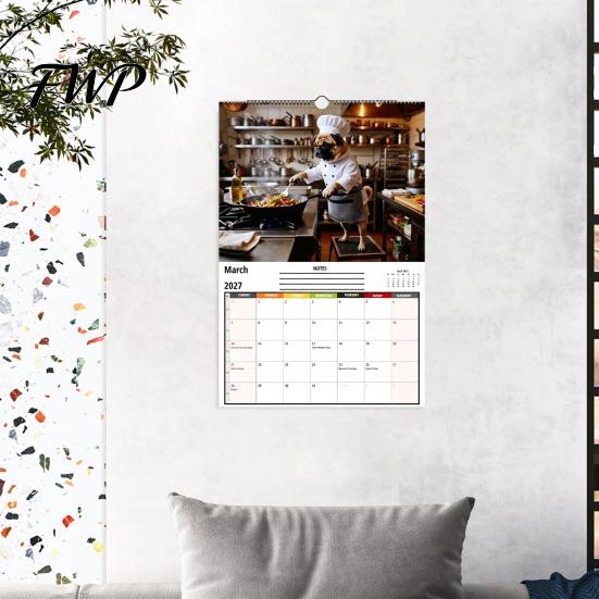 Dog Themed Planner 2027 Pugs Working Wall Calendar, Funny Hanging Humorous Pet Poster 12 Monthly with Unique Illustrations for Home Office Decor Year