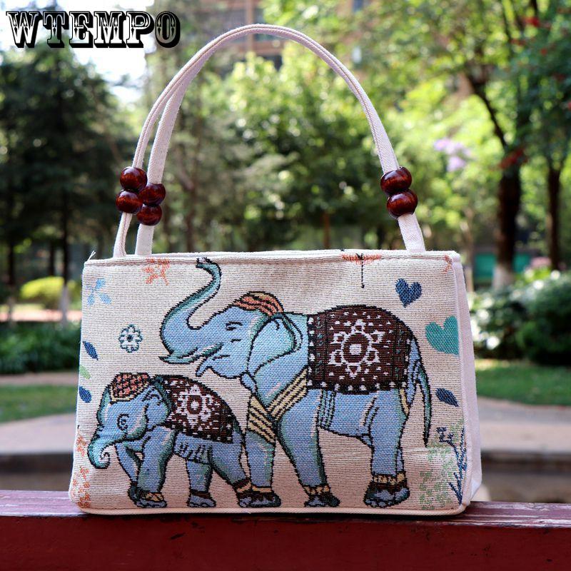 WTEMPO Women's Casual Ethnic Style Embroidered Handbags Colorful Canvas Bag Middle-aged Women's Casual Handbags