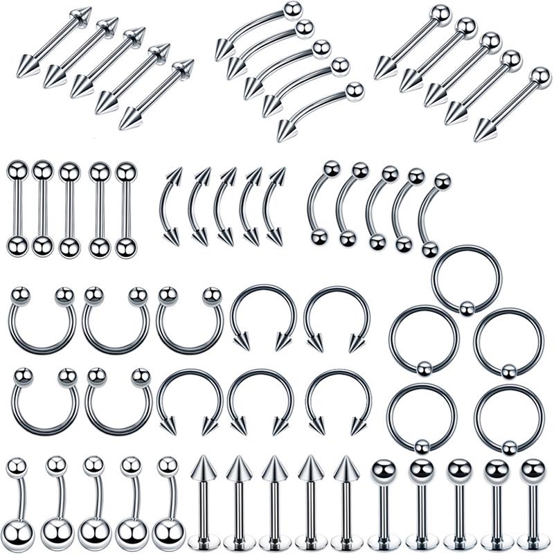 60Pcs Steel Mixed Nose Lip Eyebrow Tongue Belly Bar Ring Body Piercing Jewelry