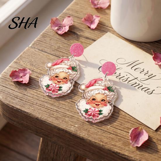 Sweet Style Christmas Ornaments 1 Pair Glitter Earrings for Women, Cute Pink Santa Claus Unique Party Acrylic Dangle Earrings, Lightweight Holiday