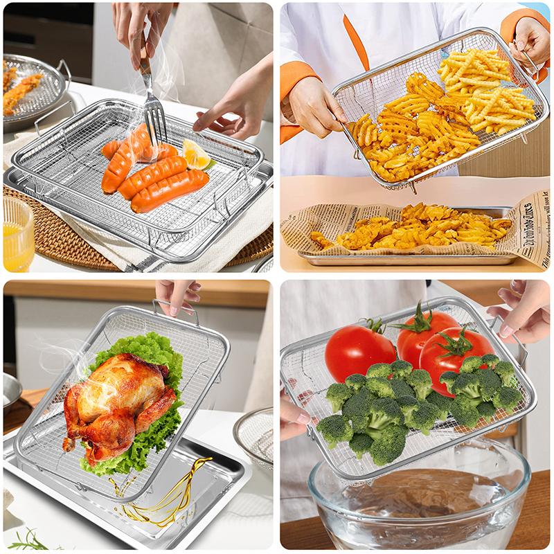 Baking Tray Oil Frying Baking Pan Stainless Steel Non-Stick Chips Basket Baking Dish Grill Mesh Square Frying Colander