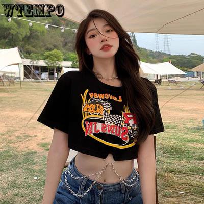 Женская черная футболка большого размера с короткими рукавами, нишевый дизайн, украшение в виде цепочки с высокой талией и открытым пупком, короткие топы