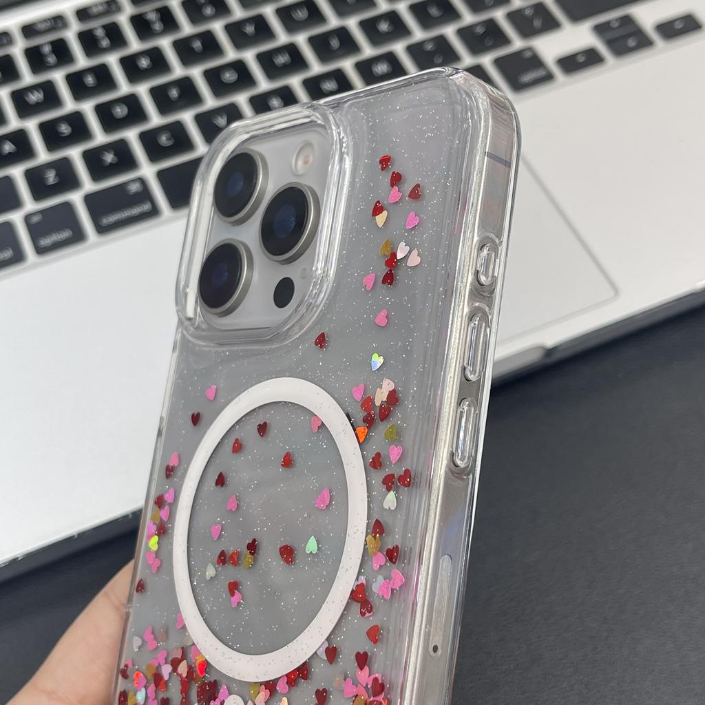 MOBEST For iPhone 16 Pro Magnetic Case Heart Shape Glitter Design TPU+PC Phone Cover