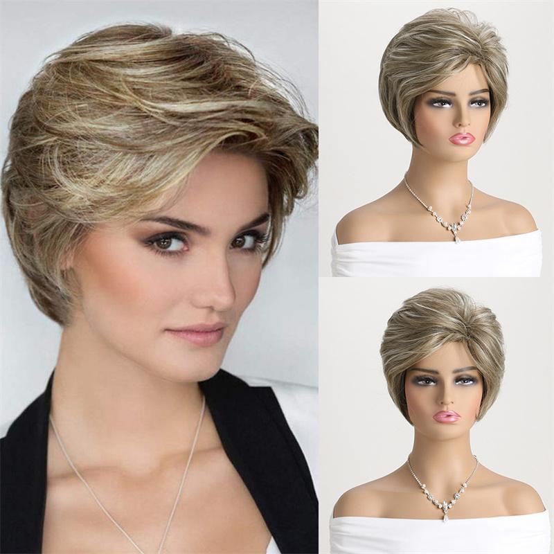 Synthetic Fiber Short Haircuts Blonde Wigs for White Women Pixie Cut Hairstyles Golden Mom Curly Hair Replacement Wig with Bangs