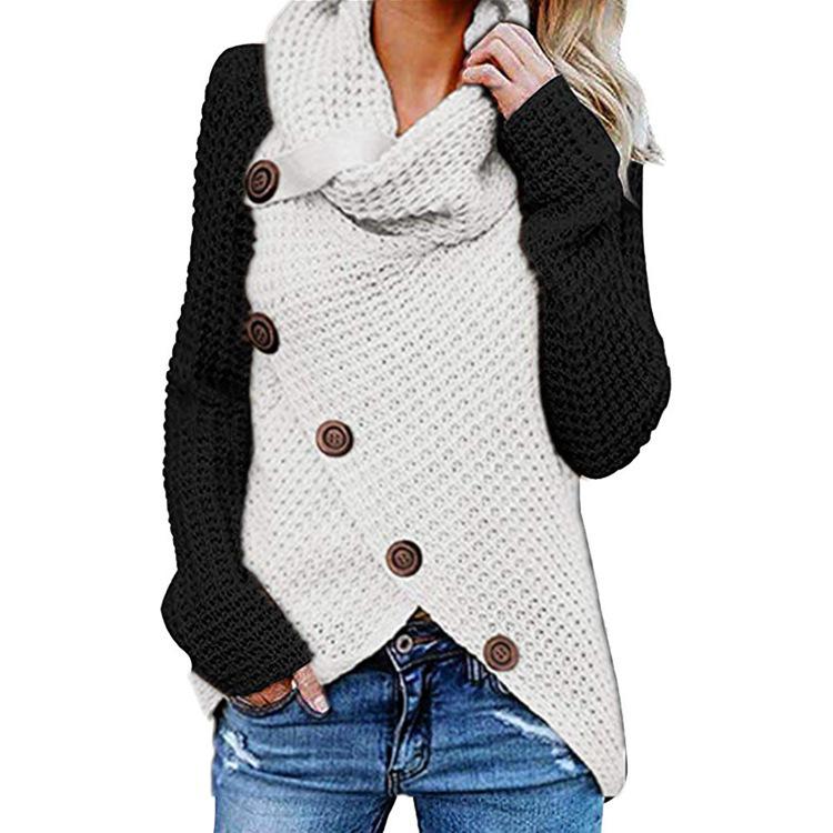 Autumn/Winter Women's Long-Sleeve Irregular Knit Color Block Button Sweater