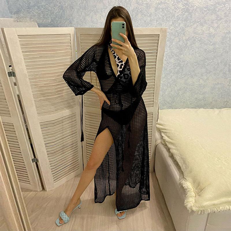 Сексуальное прозрачное сетчатое бикини с длинными рукавами, белая туника, женская пляжная одежда, купальный костюм, летнее пляжное платье D12