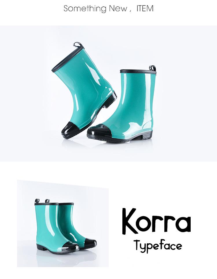 Korean Style Women's Mid-Calf Rubber Rain Boots, Low Heel, Color Block, Fleece Lined, Warm and Waterproof.