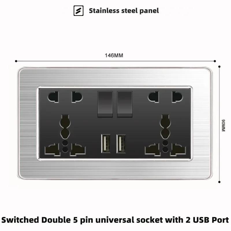 Luxury Brushed Stainless Steel Wall Light Switch,Universal 5pin 18W Type-C Quick Charging outlet,UK Standard Dual USB Socket