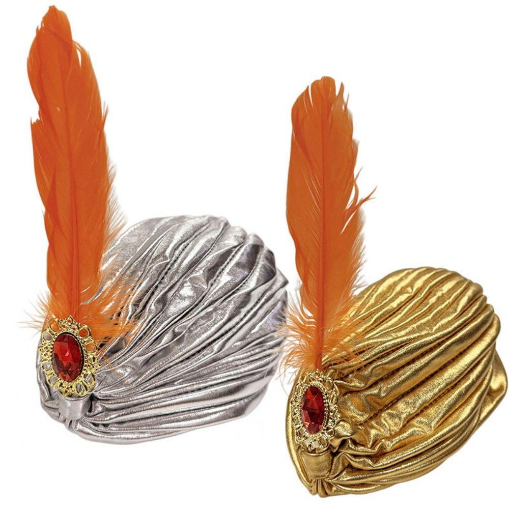 Rhinestones Feather Turban Hat Dress Up Indian Pleated Cap Arab Pleated Turban Costume Accessory