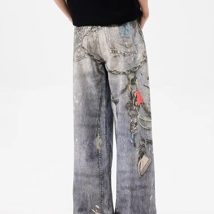 Printed Baggy Jeans Men Women Casual Baggy Straight Denim Pants High Street Wide Leg Y2K Blue Jean
