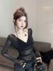 Sheer V-Neck Long-Sleeve Top: Mesh Design, Slim Fit, Chic Spring/Autumn Women's Outerwear.