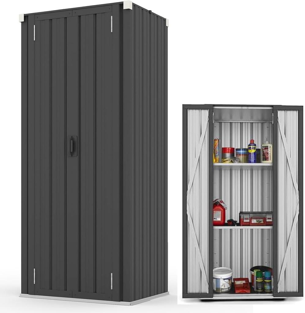YODOLLA Tall Outdoor Garden Storage Cabinet with 3 Adjustable Shelves, Weatherproof Metal Cupboard for Garage Patio - Dark Grey