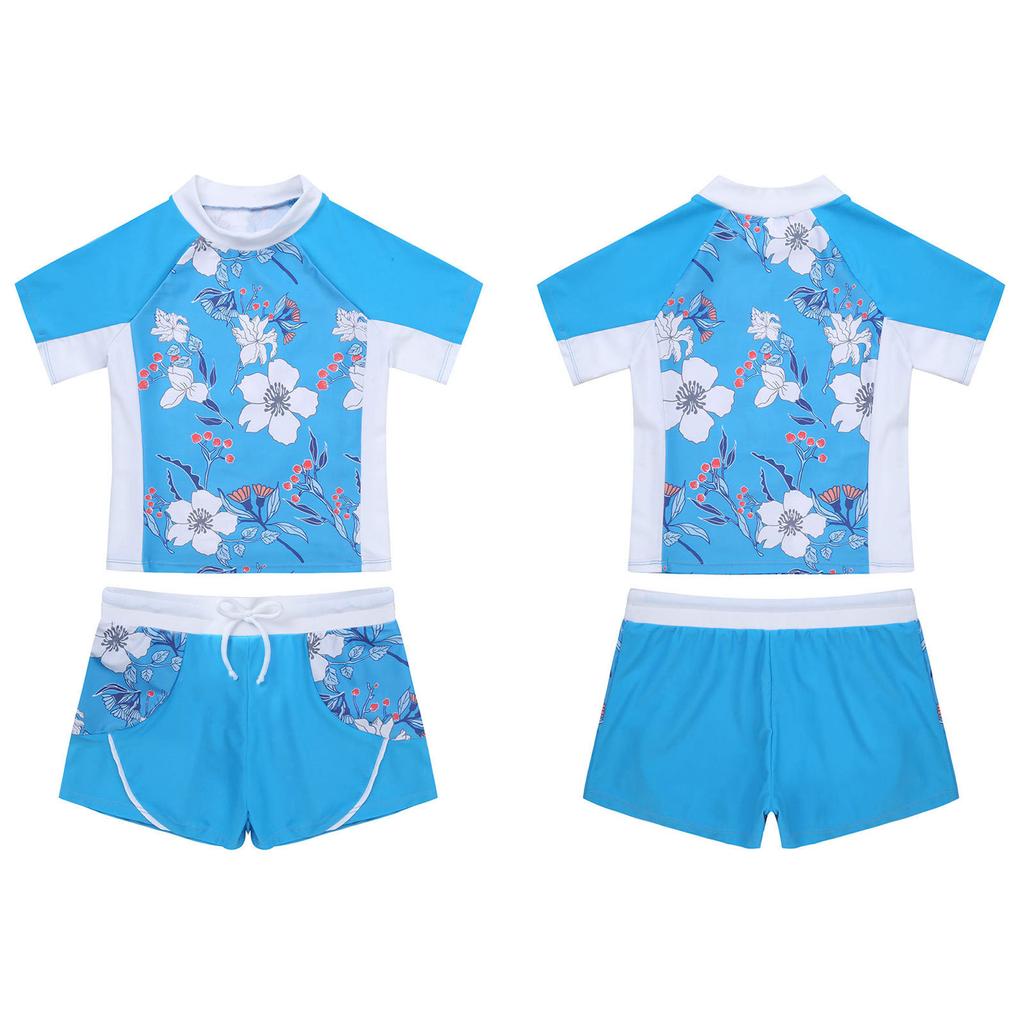 Kids Girls Rash Guard Flower Printed Tankini Set T-Shirt with Swim Short Pants Swimsuit Bathing Suit